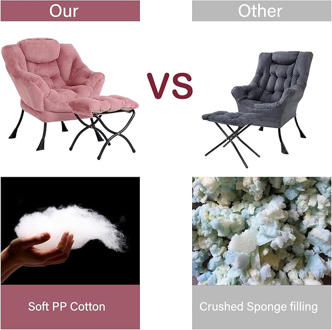 LITA Lazy Chair with Ottoman, Modern Accent Leisure Upholstered Sofa Chair, Lounge Reading Chairs with Armrests and a Side Pocket for Living Room, Bedroom & Small Space, Plush Dark Pink