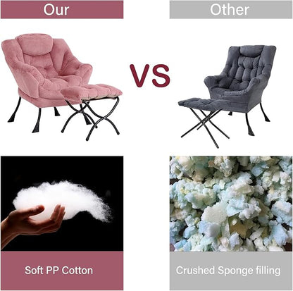 LITA Lazy Chair with Ottoman, Modern Accent Leisure Upholstered Sofa Chair, Lounge Reading Chairs with Armrests and a Side Pocket for Living Room, Bedroom & Small Space, Plush Dark Pink
