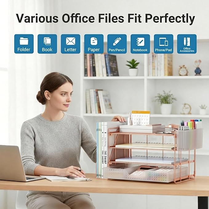 Desk Organizer, 4-Tier Paper Organizer Letter Tray with File Holder, Drawer and 2 Pen Holders, Desktop File Organizer for Office Supplies, Workspace Storage, Rose Gold