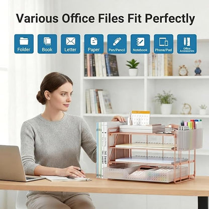 Desk Organizer, 4-Tier Paper Organizer Letter Tray with File Holder, Drawer and 2 Pen Holders, Desktop File Organizer for Office Supplies, Workspace Storage, Rose Gold