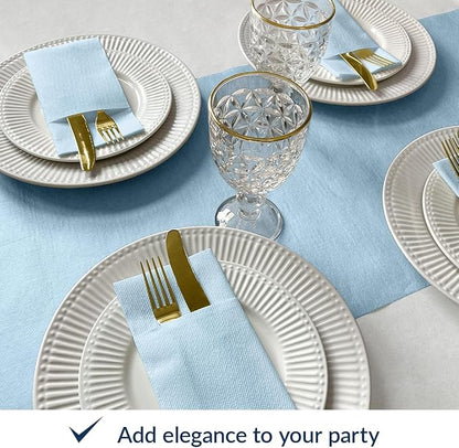 PAW - Baby Blue Linen Feel Napkins with Built-in Flatware Pocket, Airlaid Paper Pre-Folded Napkins for Silverware, Baby Shower, Gender Reveal, Wedding Party, Birthday, Monocolor, 50 Count