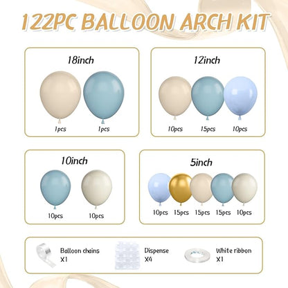 Dusty Blue Balloon Arch Kit,122Pcs Light Blue Sand White Metallic Gold Matte Balloons for Kids Boy Baby Shower Decorations Wedding Graduation Bridal Engagement Birthday Party Supplies