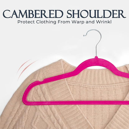 HOUSE DAY Rosy Red Velvet Hangers 60 Pack, Non Slip Clothes Felt Hanger Heavy Duty for Coat, Premium Slim Space Saving Suit Hangers for Closet Organizer, 360° Rotating Silver Hook