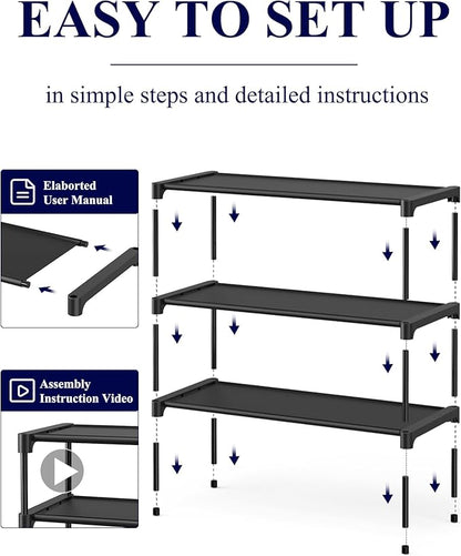 Kitsure Shoe Rack - Non-Woven Shoe Rack Shelf, Shoe Organizer for Closet, Entryway, Garage & Corridor, Stackable Shoe Shelves, 27.5" Wide - 3 Tier, Black