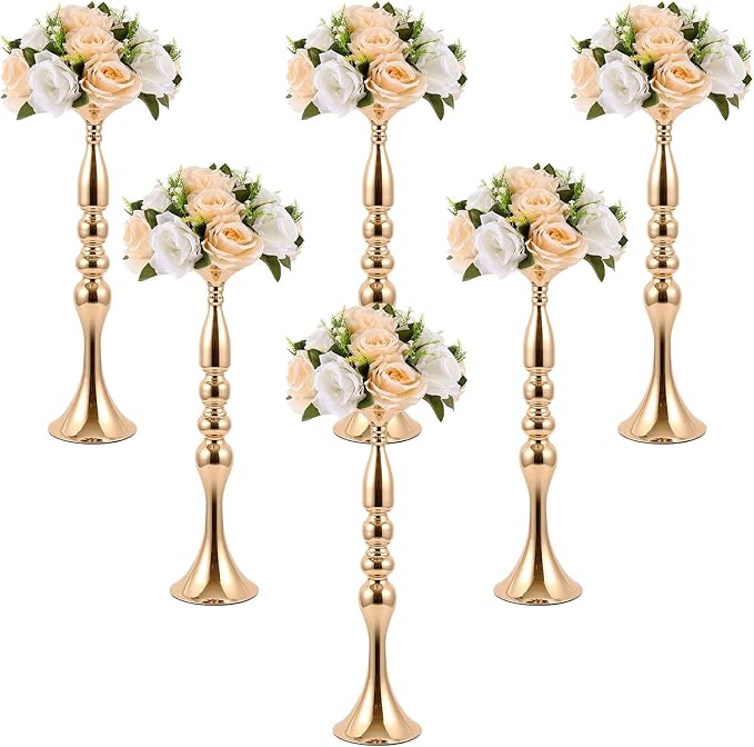 Sabary 6 Pcs Wedding Flower Stand Metal Flower Centerpieces Stand for Table Vase Arrangement Rack for Wedding Reception Dinner Table Party Decor(20 Inch,Gold)