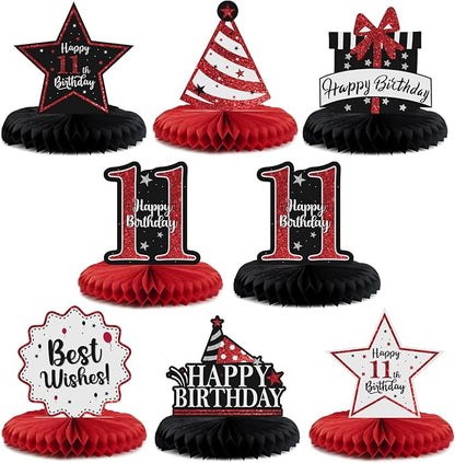 Happy 11th Birthday Decorations,11th Birthday Red Glitter Shiny Stand Honeycomb Table Centerpieces - Cheers to Eleven Years Old Birthday Party Photoprop Gift Sign.