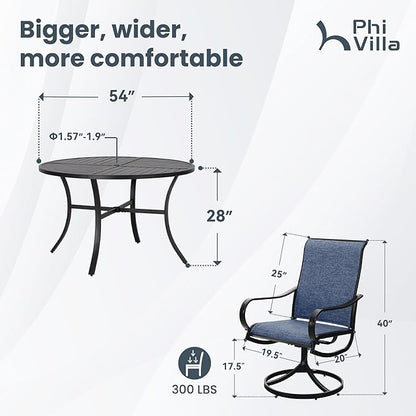 PHI VILLA 7 Piece Outdoor Patio Dining Set with 6 Swivel Dining Chairs & 1 Large Round Dining Table, Blue Textilene Mesh Fabric Chair and 54" Metal Table for All Weather