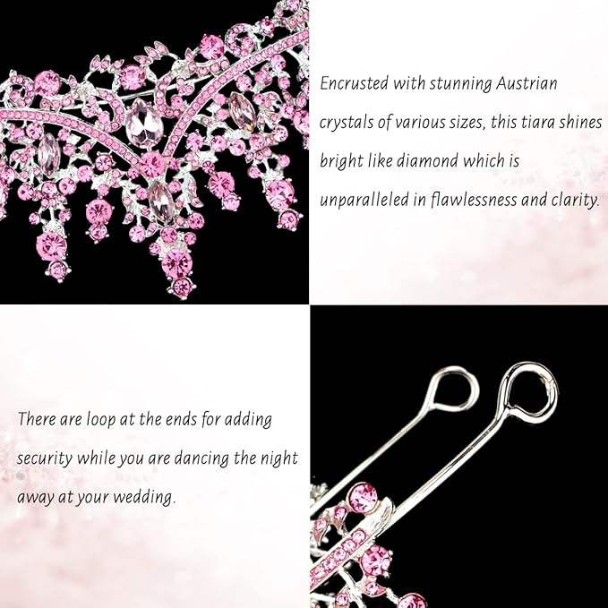 TOBATOBA Tiaras for Women, Pink Crystal Tiara Crowns for Women, Wedding Tiara for Bride Queen Crown, Royal Princess Quinceanera Headpieces for Birthday Prom Pageant Halloween Cosplay Accessories