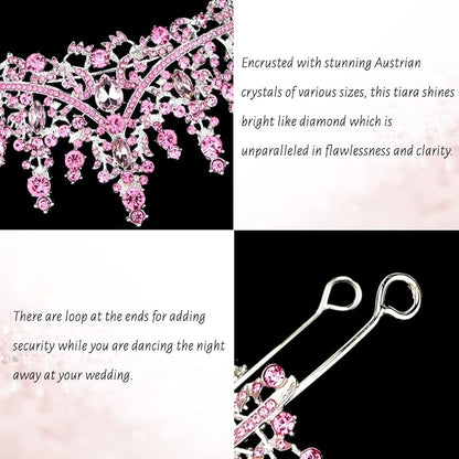 TOBATOBA Tiaras for Women, Pink Crystal Tiara Crowns for Women, Wedding Tiara for Bride Queen Crown, Royal Princess Quinceanera Headpieces for Birthday Prom Pageant Halloween Cosplay Accessories