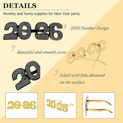 Konohan 6 Pcs 2026 New Year Eve Glasses Glitter Number Sunglasses Eyeglasses for New Years Party Supplies Festival Photo Prop(Yellow Black Silver)