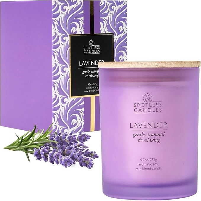 Lavender Candle - 9.7 oz /275g Lavender Scented Candle in Purple Glass Jar with Wooden Lid and Wooden Crackling Wick in a Luxurious Gift Box - Gentle, Tranquil and Relaxing