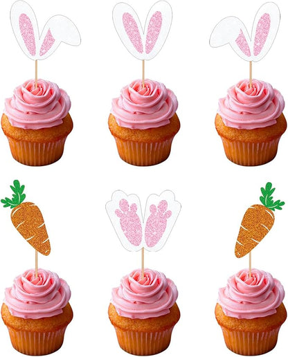 24pcs Easter Bunny Ear Cupcake Toppers, Glitter Rabbit Ears Cupcake Picks, EaSter Day Cake Toppers for Easter Theme Spring Birthday Baby Shower Party Decorations