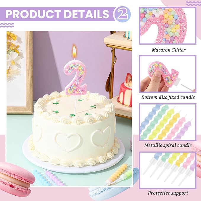 MTLEE Birthday Candle Macaron Glitter 3D Number Candle with 12 Pcs Rainbow Spiral Candles in Holders for Girl Boy Cake Topper Wedding Anniversary Pastel Sweet Theme Party Decoration(Pink,Number 2)