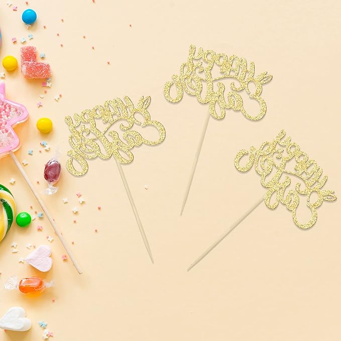 24pcs Happy Easter Cupcake Toppers - Gold Glitter Bunny Ear Cupcake Picks - Day Theme Baby Shower Kids Birthday Party Cake Decorations