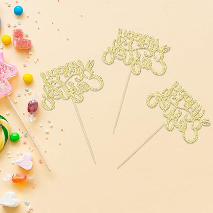 24pcs Happy Easter Cupcake Toppers - Gold Glitter Bunny Ear Cupcake Picks - Day Theme Baby Shower Kids Birthday Party Cake Decorations