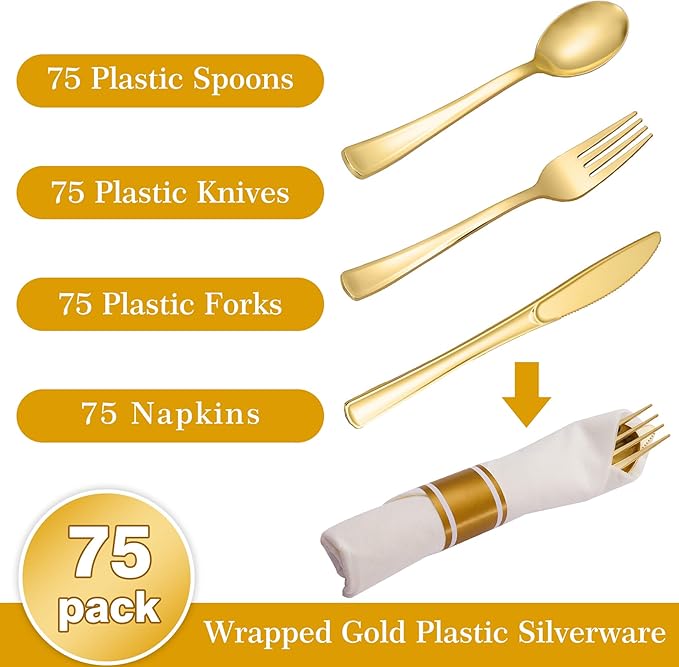 N9R 75 Pack Pre Rolled Gold Plastic Cutlery Set, Wrapped Plastic Silverware Set with 75 Forks, 75 Knives, 75 Spoons and 75 Napkins, Disposable Cutlery Set for Party and Wedding