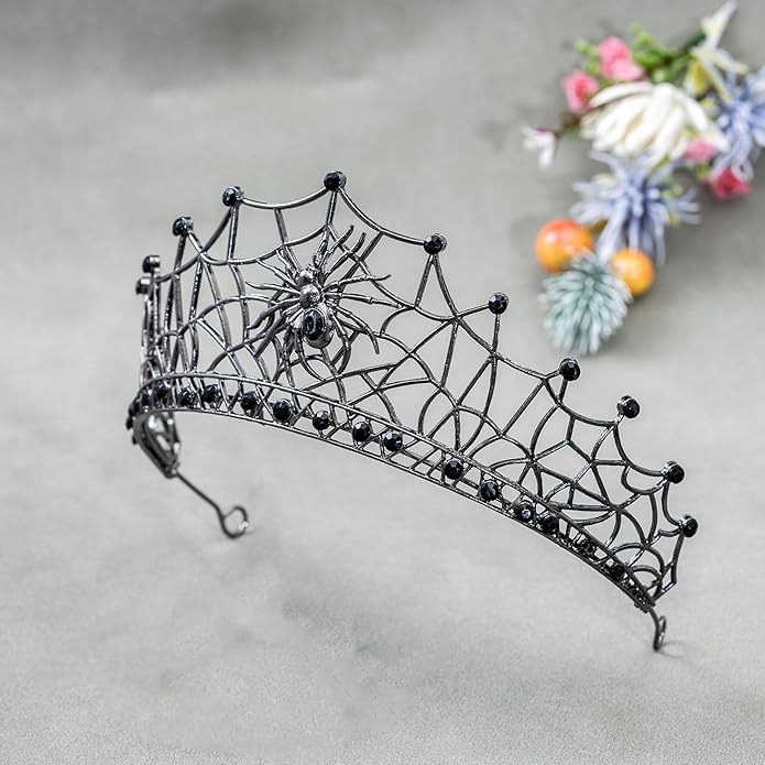 Gothic Black Spider Web Crown for Women Dark Queen Crystal Tiara Metal Headpiece Vampire Cosplay Masquerade Party Prom Night Witch Sorceress Costume Accessory