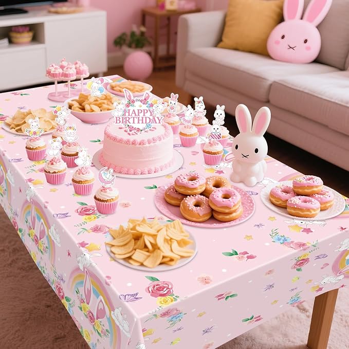Pink Bunny Birthday Party Decorations for Gilrs - Rabbit Party Supplies including Happy Birthday Backdrop, Spirals, Cake Toppers, Table Centerpieces, Balloons (BJ)