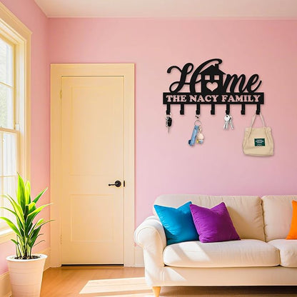 Personalized Key Holder for Wall, Metal Key Holder Wall Mount, Sweet Home Coat Rack for Living Room Bedroom Entryway, Mounted Key Hanger with Hooks, Housewarming Gift (05-Home)