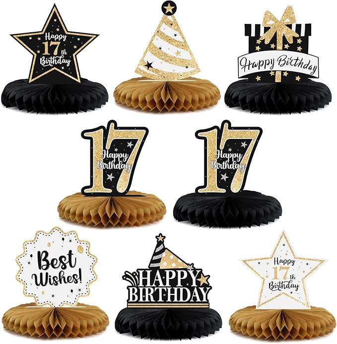Happy 17th Birthday Decorations,17th Birthday Gold Glitter Shiny Stand Honeycomb Table Centerpieces - Cheers to Seventeen Years Old Birthday Party Photoprop Gift Sign.