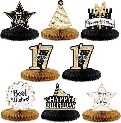 Happy 17th Birthday Decorations,17th Birthday Gold Glitter Shiny Stand Honeycomb Table Centerpieces - Cheers to Seventeen Years Old Birthday Party Photoprop Gift Sign.