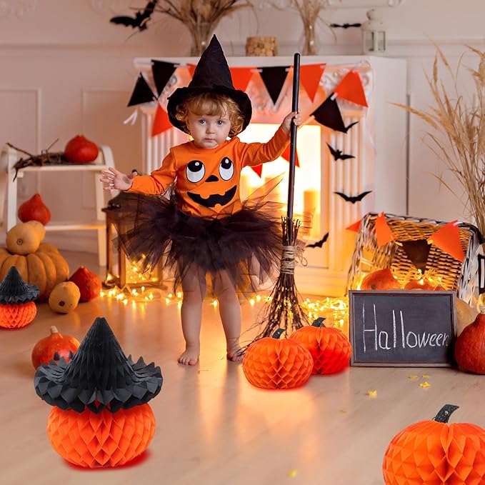 8 Pcs Honeycomb Pumpkin Decorations Halloween Party Set 3 Sizes Tissue Paper Honeycomb Balls for Indoor, Window Spooky Party Haunted House Decor