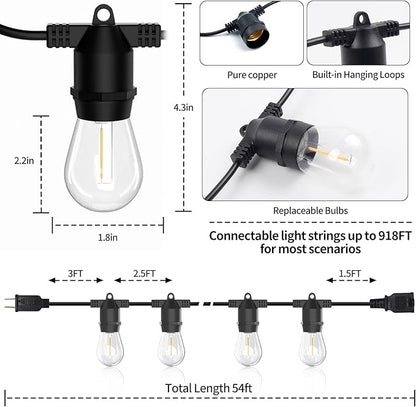 54FT LED Outdoor String Lights, IP65 Waterproof, S14 Shatterproof 27FT*2 Pack Outdoor String Lights (Maximum 918FT) Edison Vintage Bulbs Patio, Balcony, Deck, Garden Lights