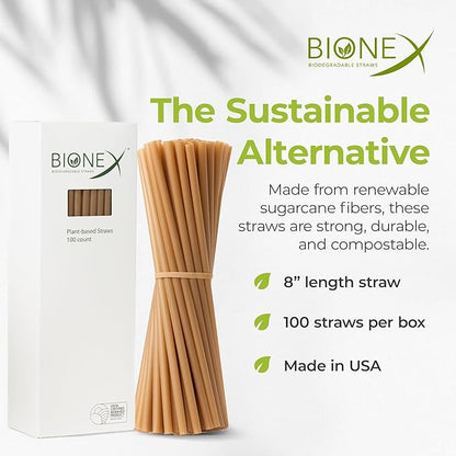 8-inch Sugarcane Straws, 200 Count Unwrapped Drinking Straws, Plastic straw and paper straws alternative, US-Manufactured (Pack of 2, 100 Count per Pack)