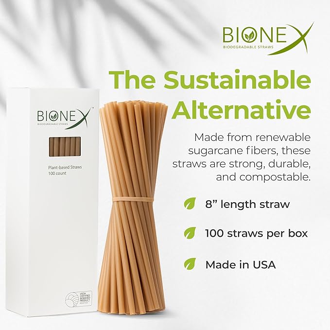 8-inch Sugarcane Straws, 1,000 Count Unwrapped Drinking Straws, Plastic straw and paper straw Alternative, US-Manufactured (1,000 Count per Case)
