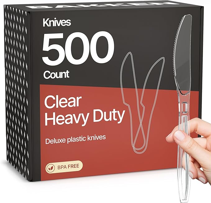 Bakken Disposable Cutlery Set 500 Pieces Knives, Heavy Duty Plastic Silverware, BPA-Free Food-Grade Materials, Heat-Resistant, Reusable Utensils for Parties, Catering, BBQs, and Everyday Use, Clear