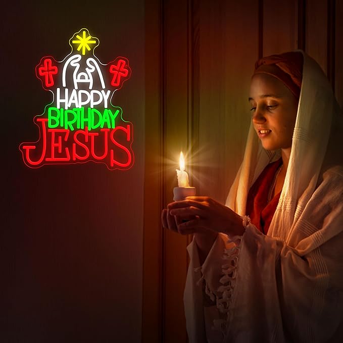 Happy Birthday Jesus Neon Sign for Christmas Decor Cross Neon Light Sign Dimmable USB Led Christian Religious Neon Wall Decor for Church Home Nativity Scene Faith-Based Holiday Gift