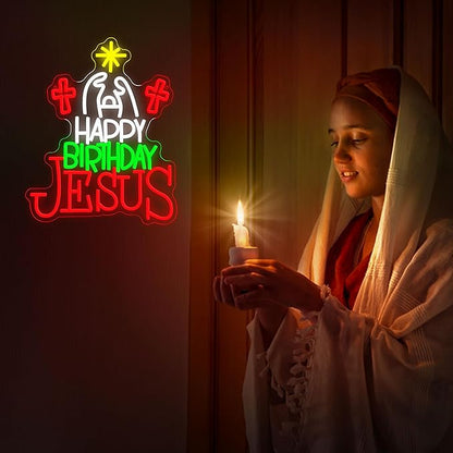 Happy Birthday Jesus Neon Sign for Christmas Decor Cross Neon Light Sign Dimmable USB Led Christian Religious Neon Wall Decor for Church Home Nativity Scene Faith-Based Holiday Gift
