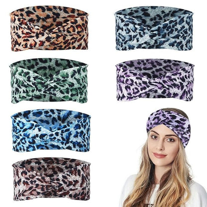 6PCS Women Leopard Boho Headbands,Boho Floal Style Criss Cross Head Wrap,Wide Top Knot Turban Hair Band (Leopard print)