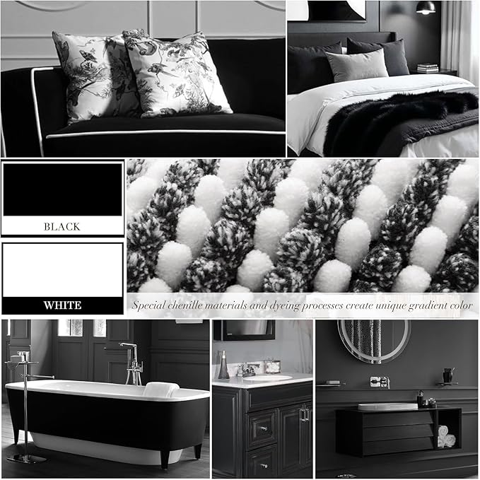 BSICPRO Bathroom Rugs and Mats Sets, 2 Piece Thick Absorbent Chenille Bath Mat Rug Set Non Slip, Soft Shaggy Bath Room Floor Mats for Bathroom, Machine Washable (Black, 24" x 70" Plus 20" x 32")
