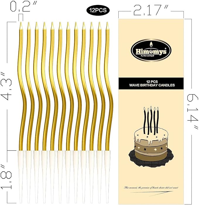 Gold Spiral Long Thin Birthday Candles for Cake – Metallic Cake Decorations, Happy Birthday Candles with Holders, Long Lasting & Safe (12, Gold)