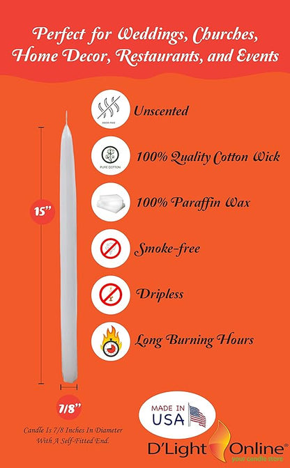 D'light Online Very Tall White Taper Candles, Premium Quality Candles Hand-Dipped, Dripless, Smokeless Paraffin Wax and Unwrapped Bulk Pack for Events - Set of 12 (15 Inch, White)