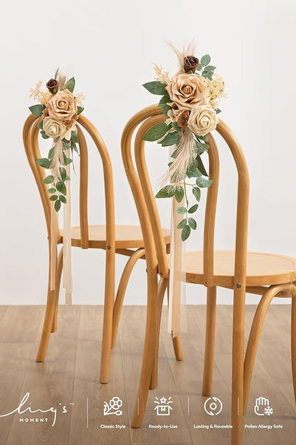 Ling's moment 8 Wedding Artificial Aisle Pew Flowers Chair Decorations Arrangements with Chiffon Ribbons Begie for Ceremony Reception Chair Back Floral Decor Reception Church Party Outdoor