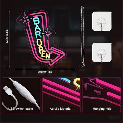 Lucunstar Bar Open Neon Sign Colorful LED Bar for Wall Decor Dimmable USB Powered Neon Lights for LED for Bussness Man Cave Art Wall Decor