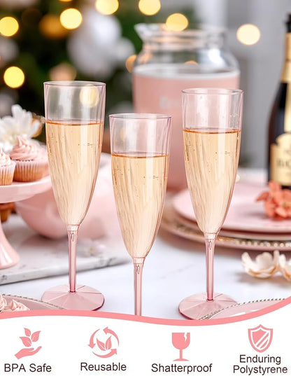 WDF 36PCS Pink Champagne Flutes Plastic - 6OZ Pink Disposable Champagne Flutes Party Supplies for Wedding/Birthday/Parties