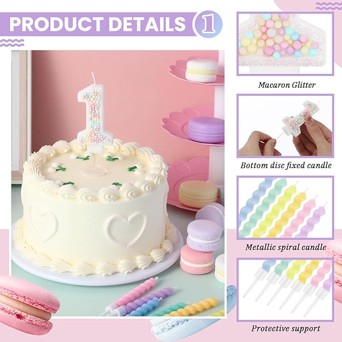 MTLEE Number 1 Birthday Candle with 12 Pcs Spiral Candles for Girls Macaron Pastel Rainbow Unicorn Pink Cake Topper for Sweet Theme Party Decoration