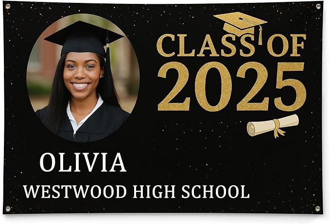 Custom Graduation Banner Class of 2025 with Photo and Name – Personalized Congrats Sign for High School or College Seniors – Indoor Outdoor Graduation Party Decoration
