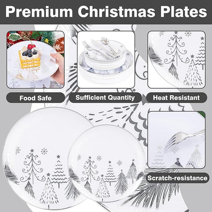 Liacere 175PCS - Silver Christmas tree Plastic Plates-Christmas and Napkins Sets Include 50 Plastic Plates,75 Silver Silverware，25 Cups 25 Napkins