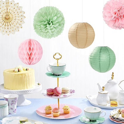 Sage-Green Pink-Champagne Party-Decorations Streamers Lanterns - 14pcs Neutral Baby Shower Paper Fan,Tissue Pom Poms,Honeycomb Balls,Boho Wedding Engagement Bachelorette Birthday Bridal Decor Ouruola