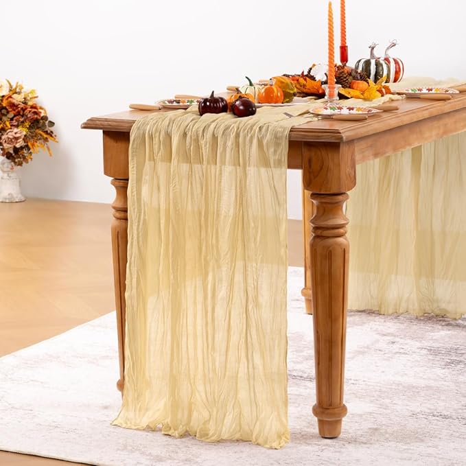 Champagne Gold Cheesecloth Table Runner Christmas Table Runner Boho Gauze 120 Inches Champagne Cheese Cloth Table Decor for Xmas Holiday Season Parties Wedding Bridal Baby Shower