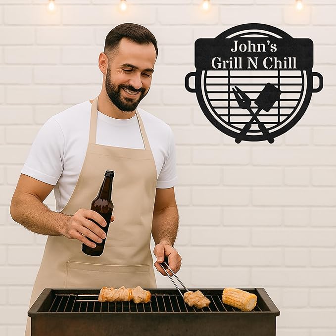 Custom Name BBQ Grill Wall Sign, Personalized Outdoor Kitchen Metal Cut Decor, Rustic Patio Backyard Barbecue Gift