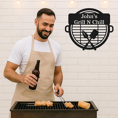 Custom Name BBQ Grill Wall Sign, Personalized Outdoor Kitchen Metal Cut Decor, Rustic Patio Backyard Barbecue Gift