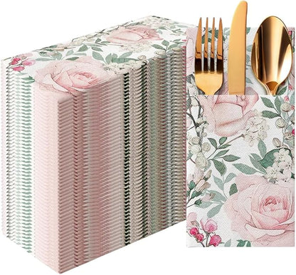 PAW - Linen Feel Napkins with Built-in Flatware Pocket, Airlaid Paper Pre-Folded Napkins for Silverware, Wedding Party, Dinner, Birthday, Gatherings, Floral Roses Design, 50 Count