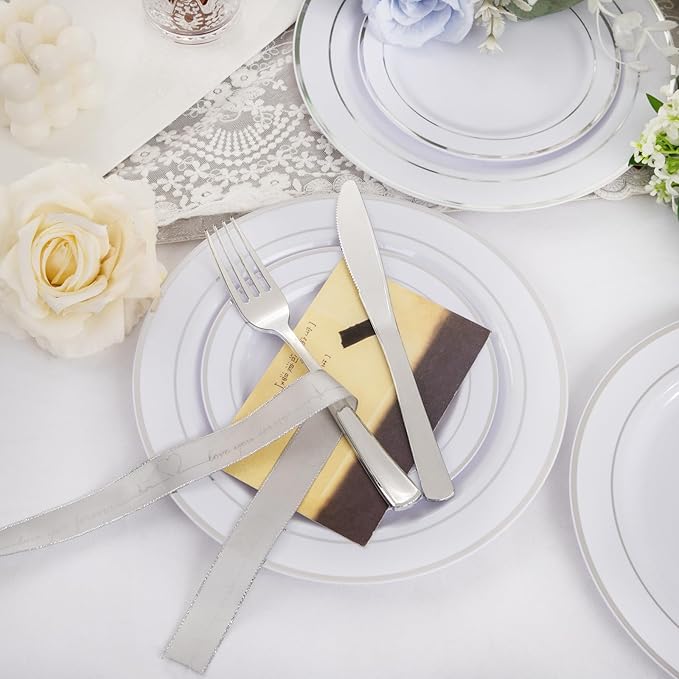 GATHER 350PCS Silver Plastic Plates - White and Silver Disposable Plates for 50 Guests Includes 50 Dinner Plates 50 Dessert Plate 50 Napkins 150 Silvery Cutlery and 50 Cups for Party & Christmas