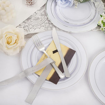GATHER 350PCS Silver Plastic Plates - White and Silver Disposable Plates for 50 Guests Includes 50 Dinner Plates 50 Dessert Plate 50 Napkins 150 Silvery Cutlery and 50 Cups for Party & Christmas