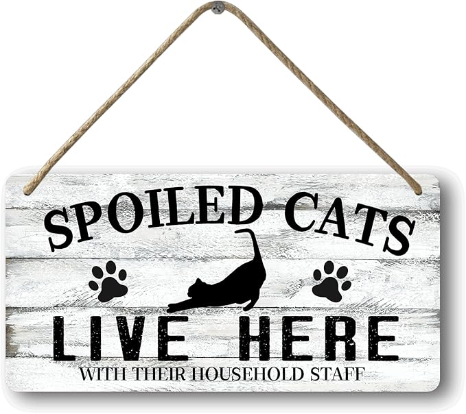 Cat Wall Decor For Pet Lovers Hanging Wooden Home Decor Fall Welcome Sign Christmas Decor Spoiled Cats And Their Staff Live Here - People Tolerated 12x6 In